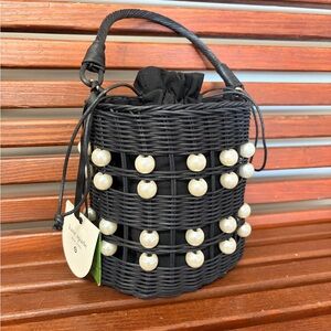 Kate Spade Black Woven Mini Bag with Pearl Details